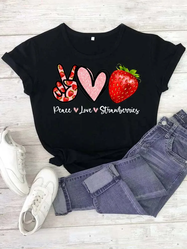 

Maycaur Women T Shirt Kawaii Peace Love Strawberry Printed T-shirt Women Harajuku Summer Short Sleeves T Shirt Korean Clothes
