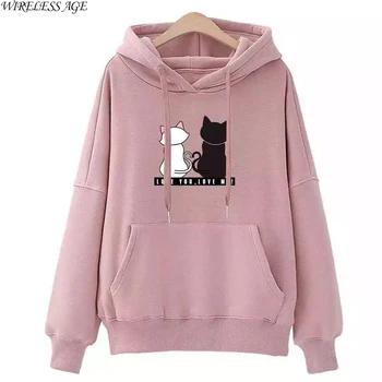 Women Sweater Long Sleeve Hooded Collar Fleece Lined Cartoon Cat Pocket  Loose Casual Pullover Autumn Winter Fashion Wild Tops 1