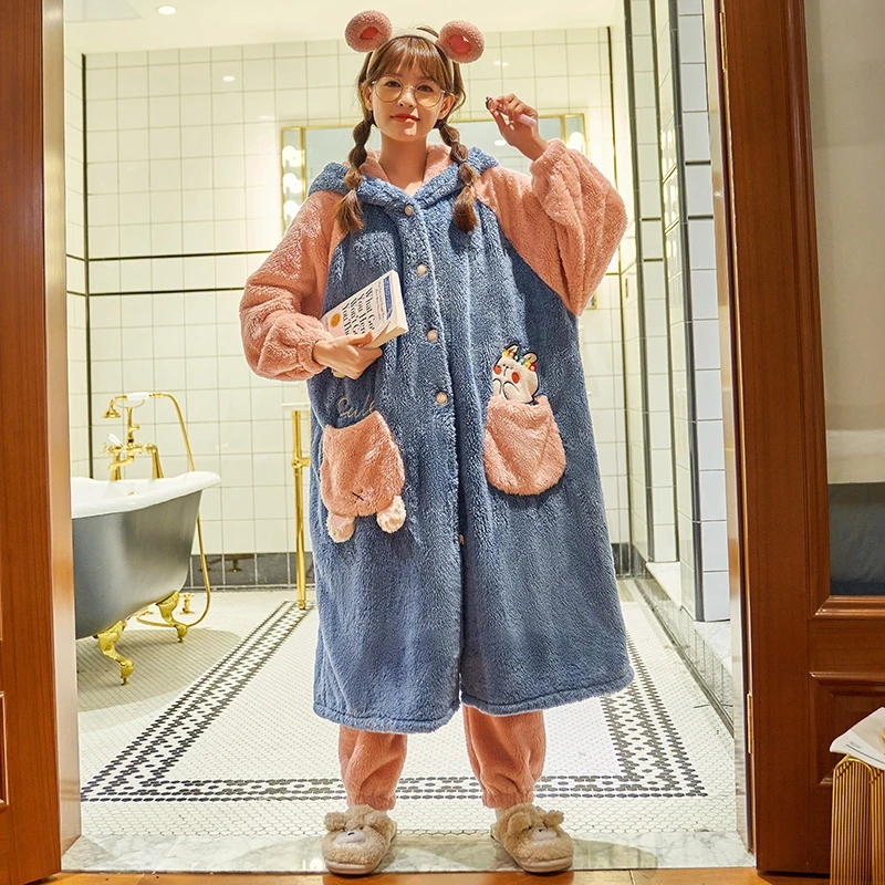 Winter Pajamas Fashion Women Sleepwear Plush Robe Thermal Pantsuit Plus Size Home Wear Add Fleece and Thicken Nightgown