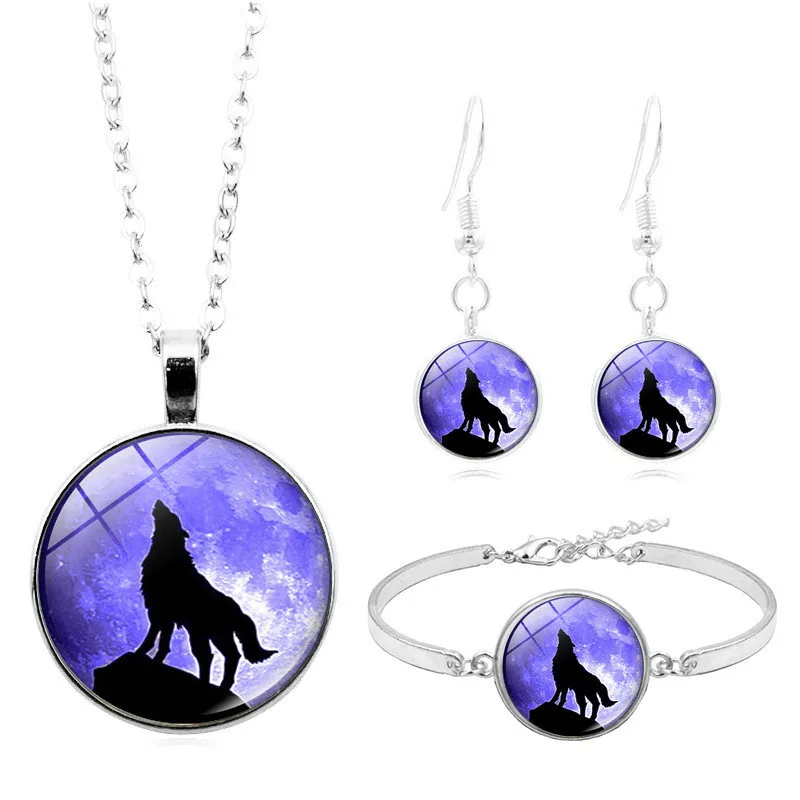 

LE Wolf Howl Cabochon Glass Pendant Necklace Bracelet Bangle Earrings Jewelry Set 4Pcs Women's Sweater Chain