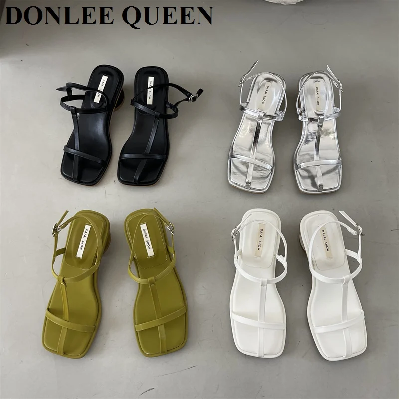 

2022 New Brand Sandals Women Fashion Narrow Band Heels Gladiator Shoes Elegant Dress Sandal Outdoor Slides Beach Vacation Mujer