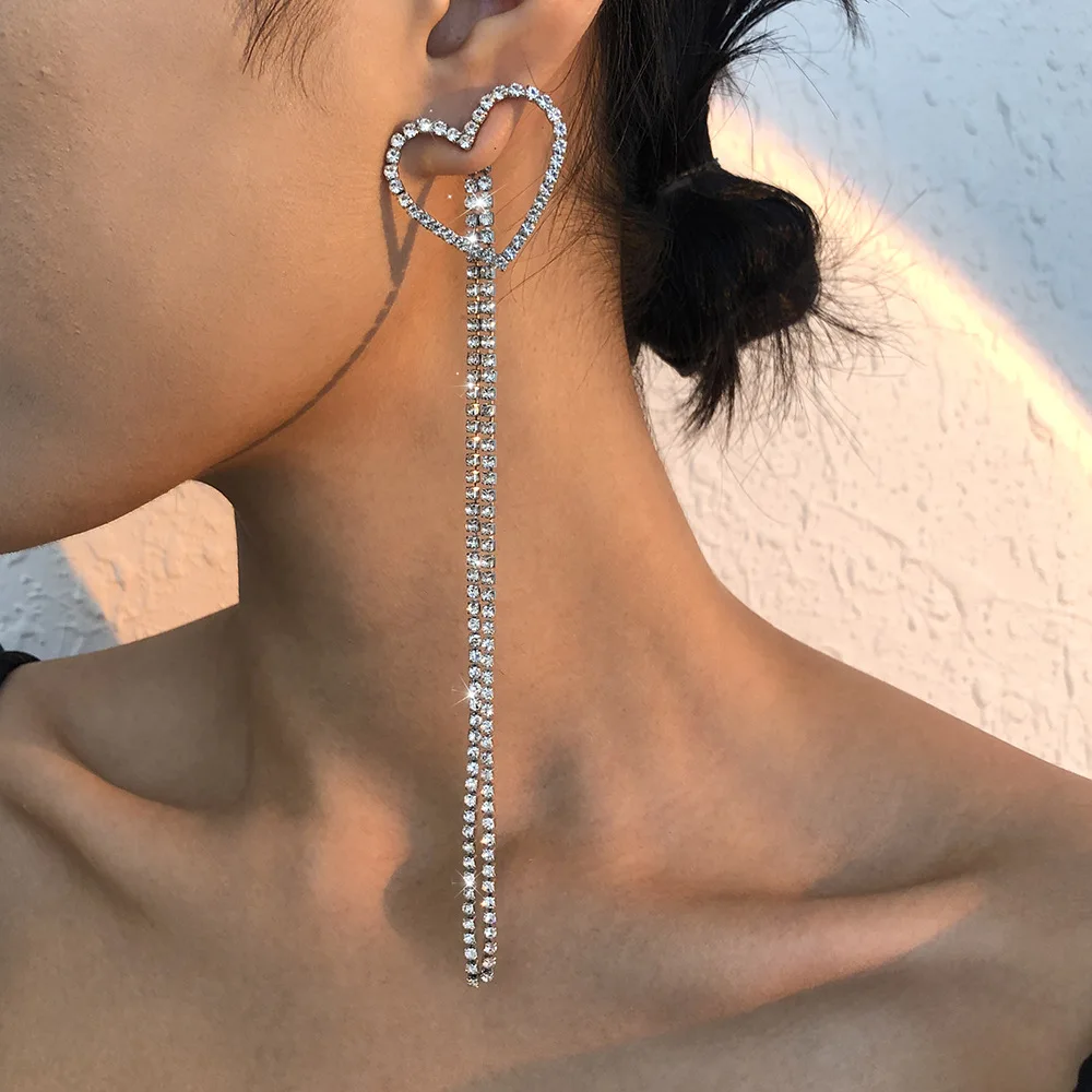 

Silver Long Heart Tassel Crystals Drop Earrings For Women Vintage Jewelry Modern Party Wedding Bridal Trendy CZ Dangle Earrings