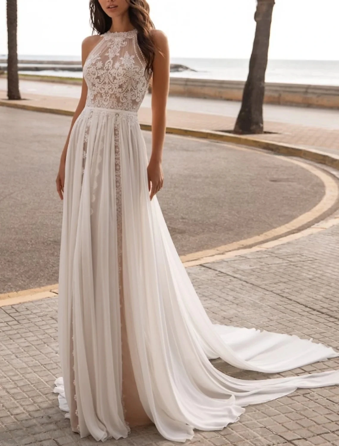 

A-Line Boho Wedding Dress 2023 O-neck Sleeveless Lace Appliques Chiffon Birde Party Gowns Summer Vestidos Robe De Mariage