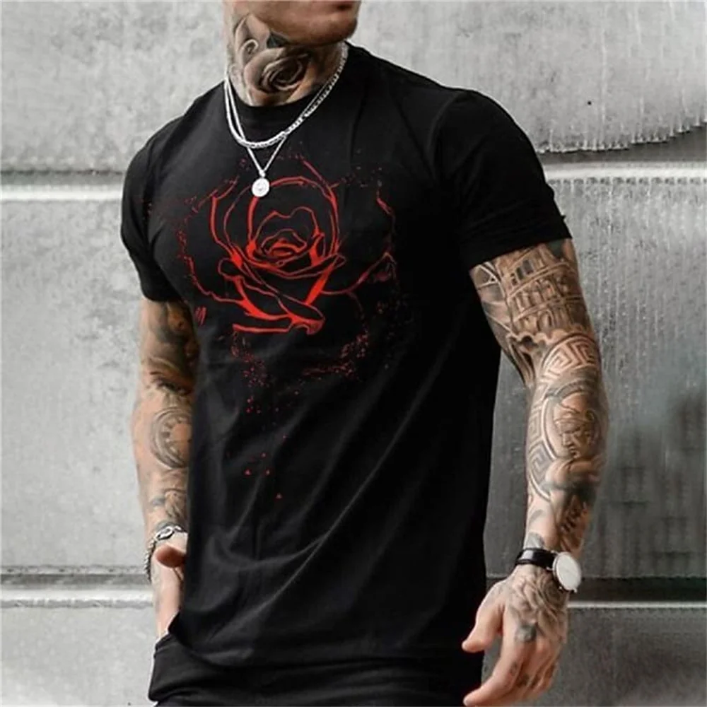 

2023 Men' T-shirt Rose Print Everyday Casual Clothing Round Neck Oversized-shirt Holiday Comfortable Short Sleeve T-shirt Summer