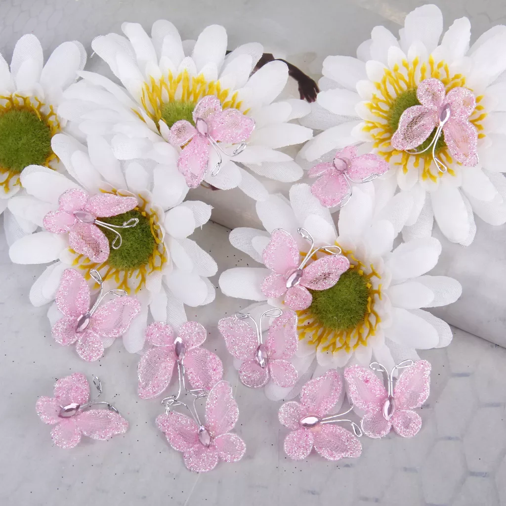 

50 Pieces Wired Mesh Stocking Butterfly with Glitter and Wedding Craft Decor 3*2cm