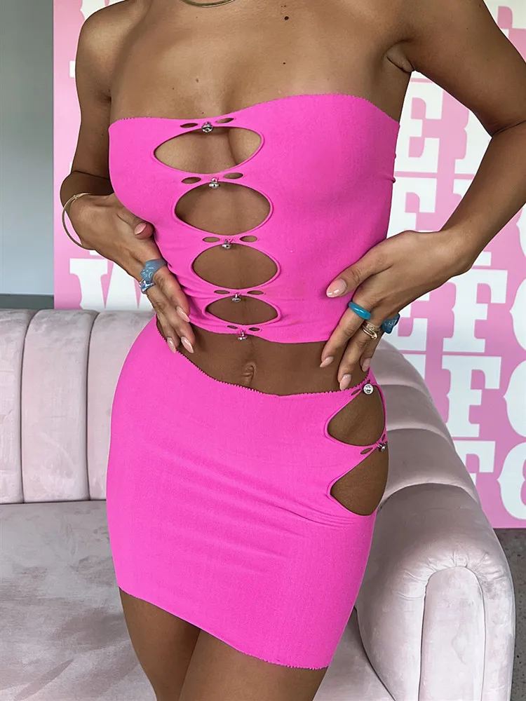 

Women's Two Piece Outfit Suit Sleeveless Hollow Out Halter Backless Crop Top and High Waist Side Cutout Mini Skirt Set