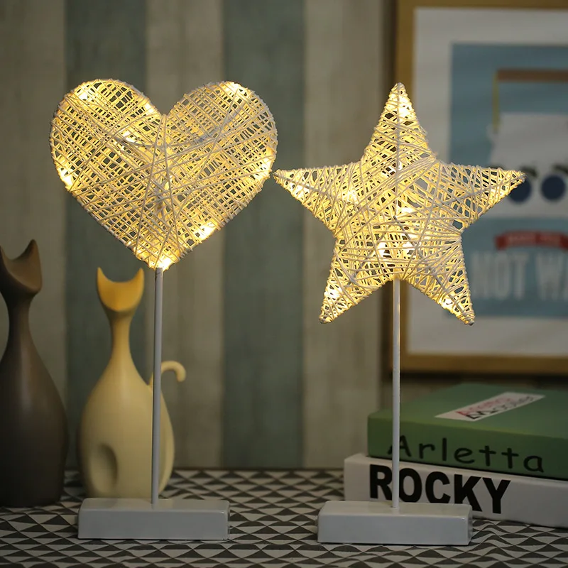 LED Night Light Battery Power Desk Table Light Kids Gift Home Bedroom Decor Lamp Romantic Star Heart Shape Grass Rattan Woven