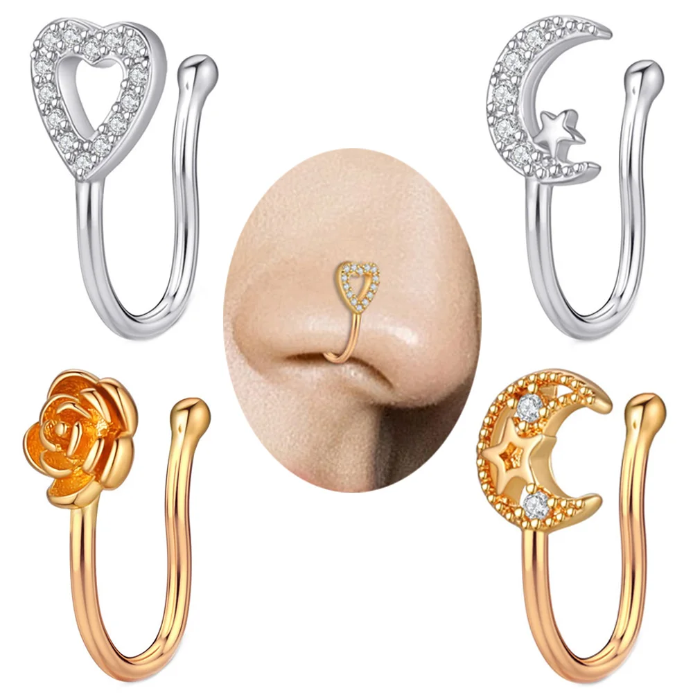 

1Pc New Gold Color Zircon Moon Rose Heart Fake Nose Ring Pins Nose Cuff Nostril Piercing Helix Tragus Jewelry Ear Clip Earrings
