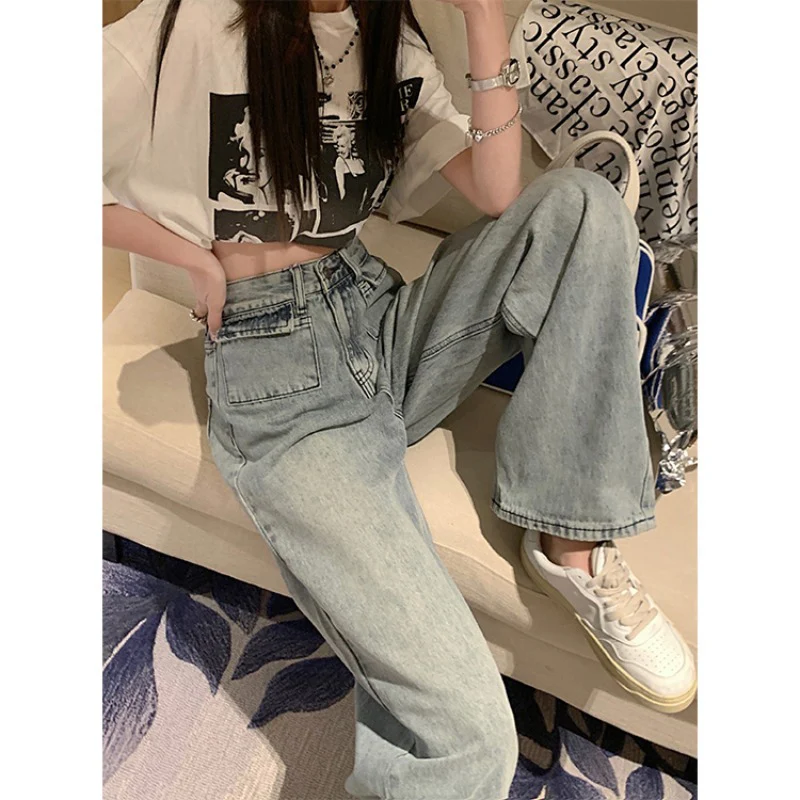 

y2k Women's Vintage Blue Gradient High Waist Jeans Baggy Straight Mopping Pants Street Casual Wide Leg Denim Trouser Ladies