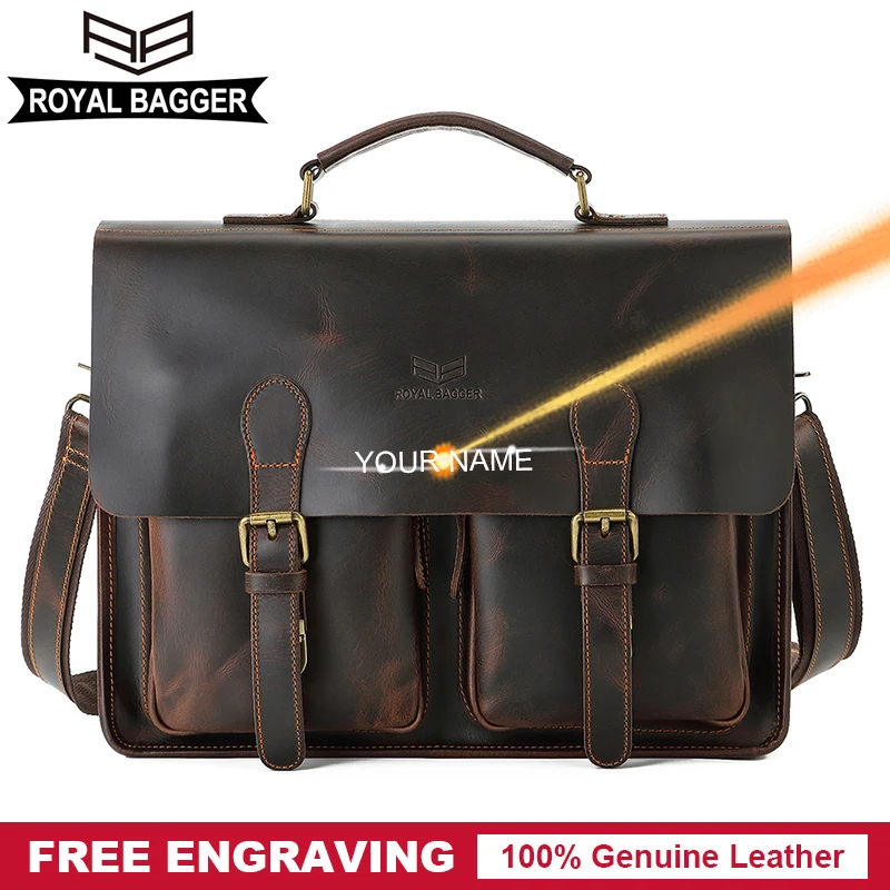 Royal Bagger 14 Inch Laptop Briefcase for Men Crazy Horse Leather Business Handbag Genuine Cowhide Male Shoulder Messenger Bags