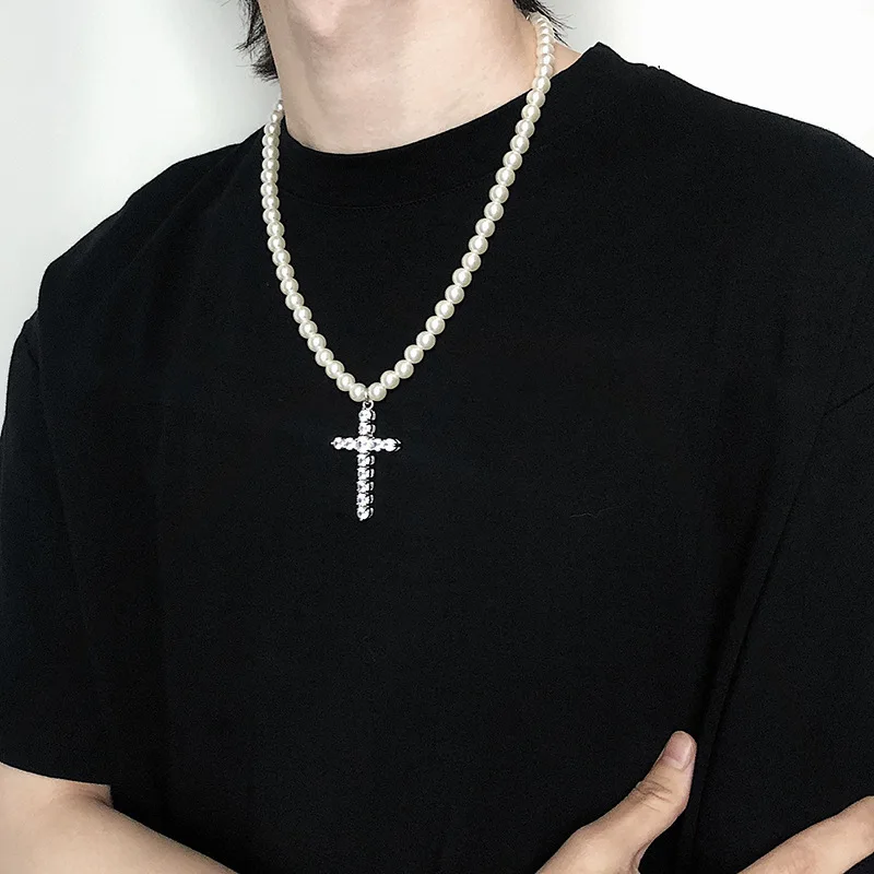 

GSOLD Simulated Pearls Strand Beaded Necklace Cross Pendant Retro Clavicle Chain Men's Necklace Fashion Jewelry 2022