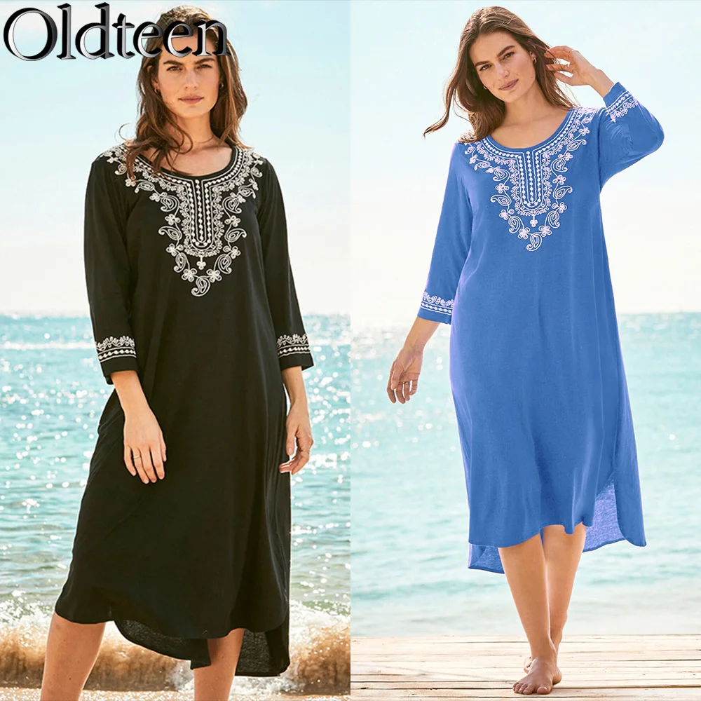 

Летняя мода, новое хлопковое длинное платье с вышивкой, свободная пляжная юбка для отдыха, Выходное платье, блестящее платье, накидка для купания