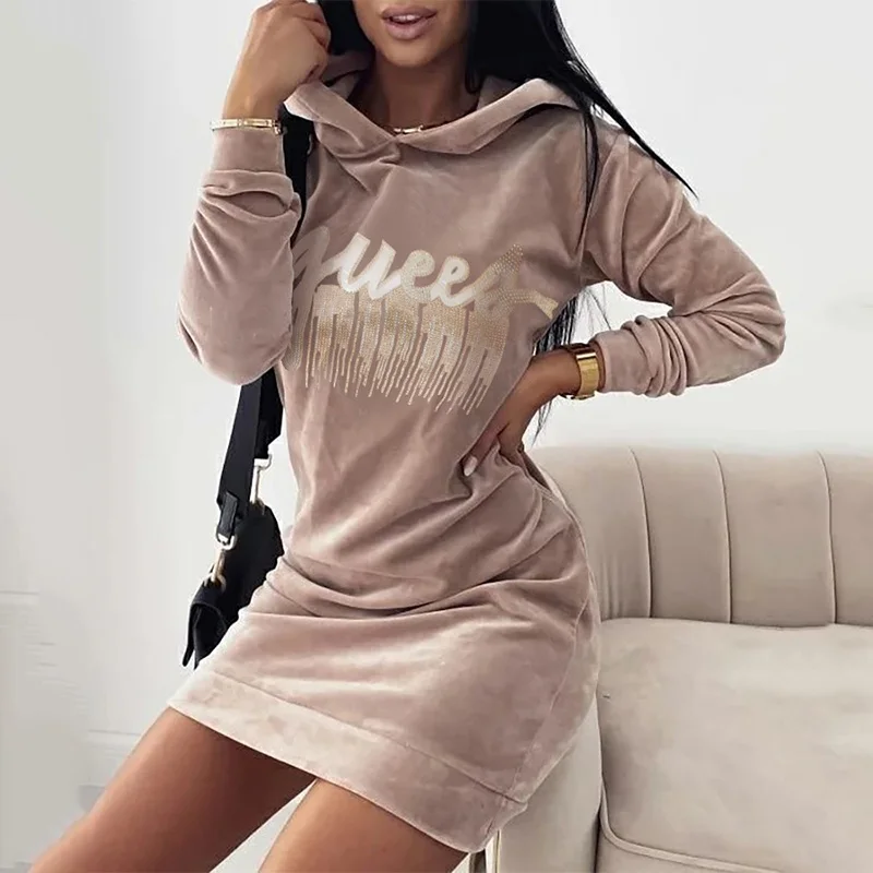 

High Street Style Rhinestone Letter Pattern Velvet Hooded Sweatshirt Dress Women Fall Winter Streetwear Straight Mini Dress 2022