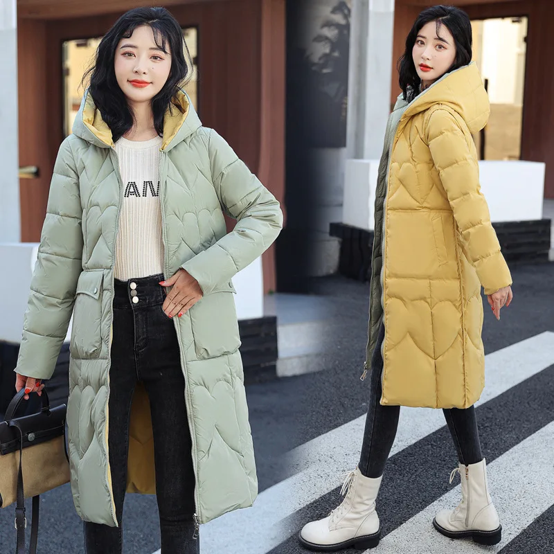 2022 Winter Down Jacket Women Parkas Coats Long Casual Light Warm Hooded Double Sided Wear Cotton Outerwear 5 Color