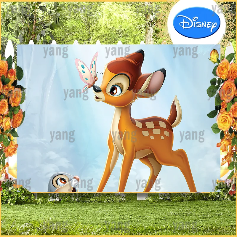 Custom Blue Backdrops Banner Newborn Baby Lovely Disney Happy Birthday Party Painting Bambi Of Fawn Picture Background Decor