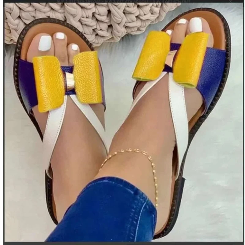 New Low Heel Color Matching Bow Ladies Sandals and Slippers Plus Size Women's Shoes