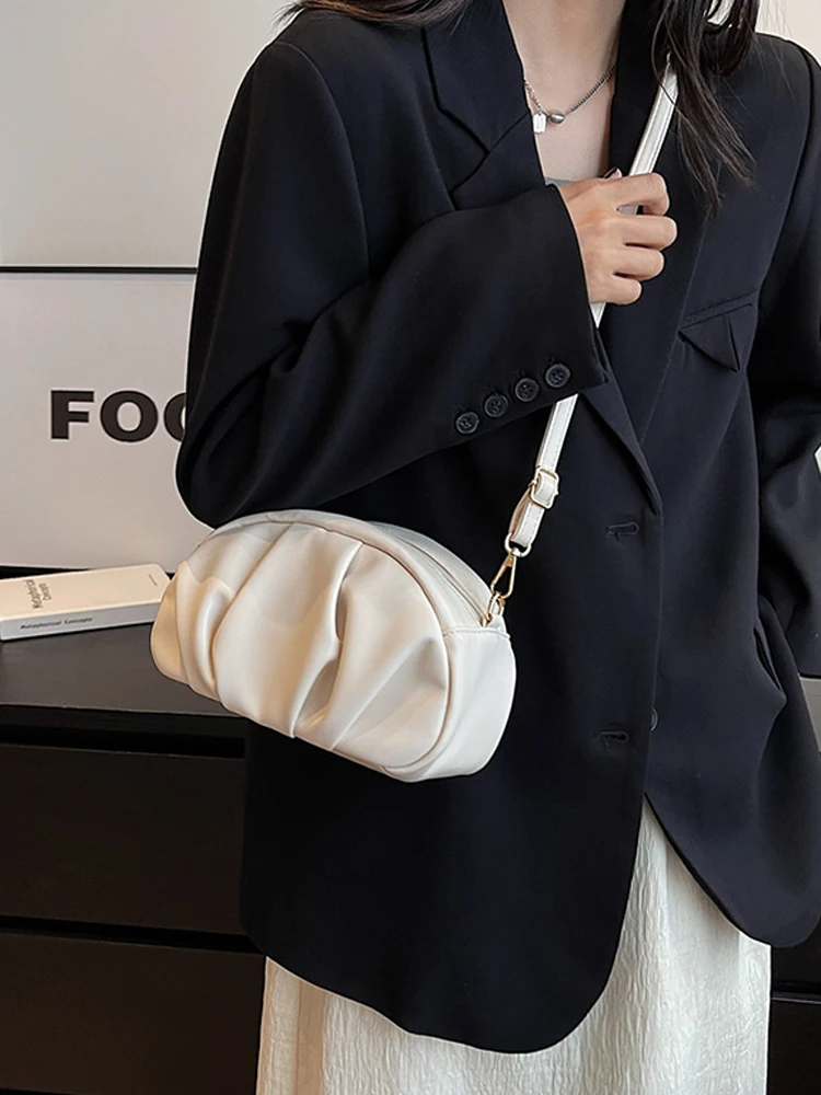 

Pleated Handlebags For Women Solid PU Zip Cloud Bags Leisure Armpit Bag Ladies Shoulder Crossbody Bags Female Dumpling Pack