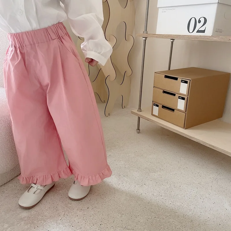 

Новинка 2022, весенние прямые брюки для девочек, для маленьких девочек, с оборками, для малышей, Детские универсальные брюки, однотонная детск...