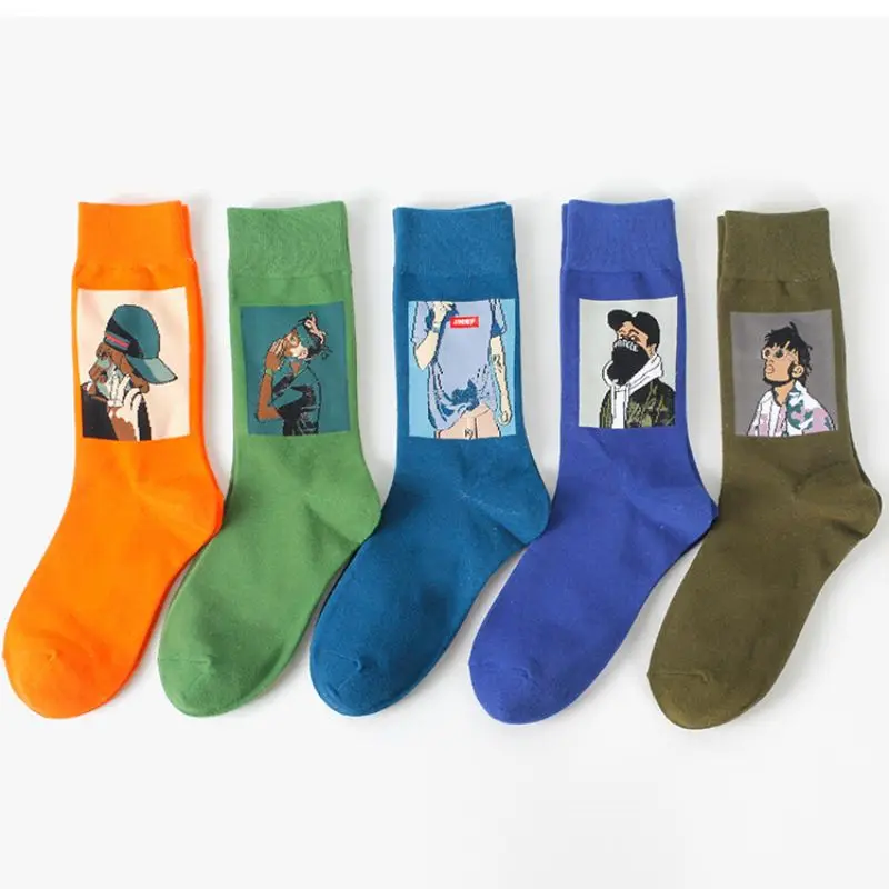 5pcs Women's Fashion Cotton Patterned Socks Man Hip Hop Harajuku Streetwear Funny Painting Personality Socks Comfort Crew Socks