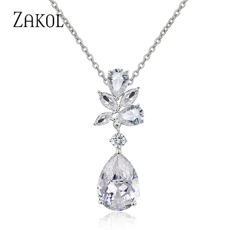 

ZAKOL Newest Fashion Water Drop Cubic Zirconia Leaf Pendant Necklace for Women Bridal Wedding Dinner Party Jewelry FSNP2143