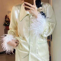 qweek pajamas with feathers designer clothes women luxury trouser suits cardigan home wear summer two piece sleepwear
