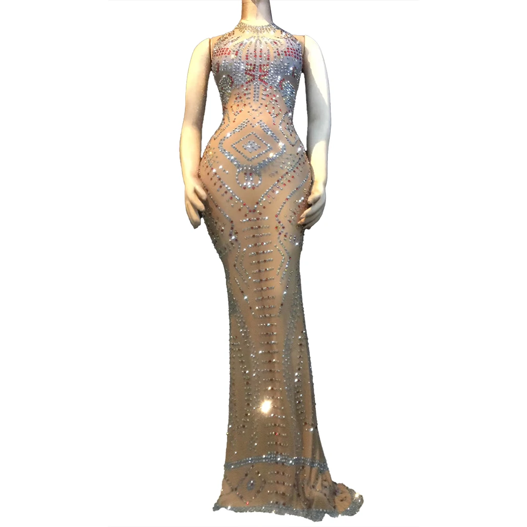 

Nightclub Singer Rhinestones Costumes Glisten Stones Stretch Long Dresses for Women Birthday Prom Celebrate Outfit Diamond Dress