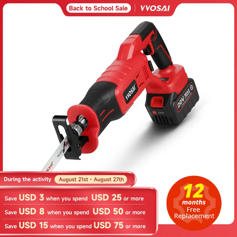 VVOSAI MT-Series 20V Brushless Electric Saw 3500 SPM Motor Metal Wood Cutting Tool Variable Speed Cordless Reciprocating Saw