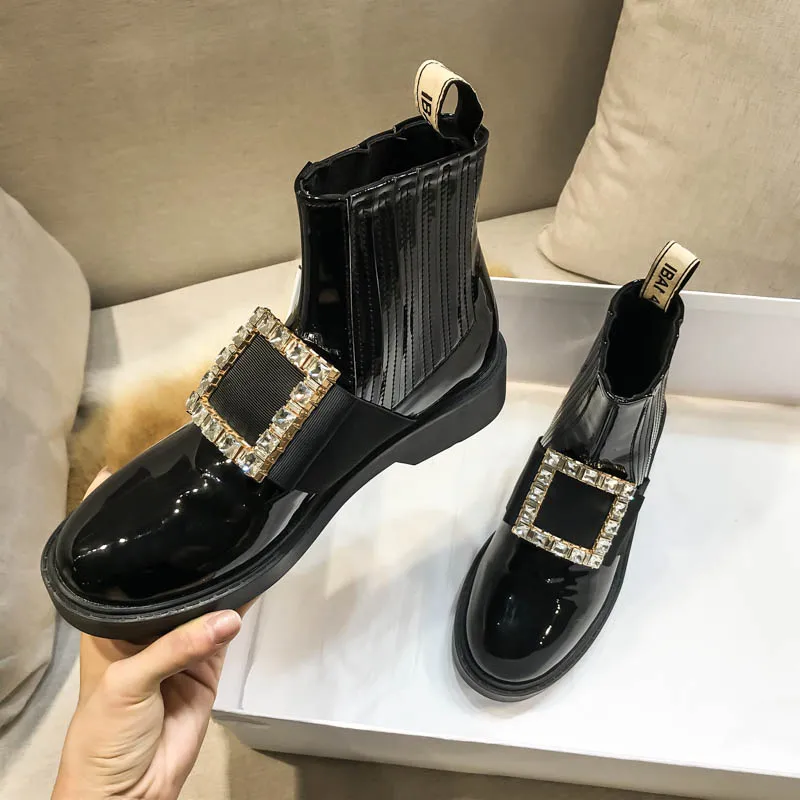 High quality patent leather Chelsea English rhinestone square buckle flat bottom spring and autumn short boots for women
