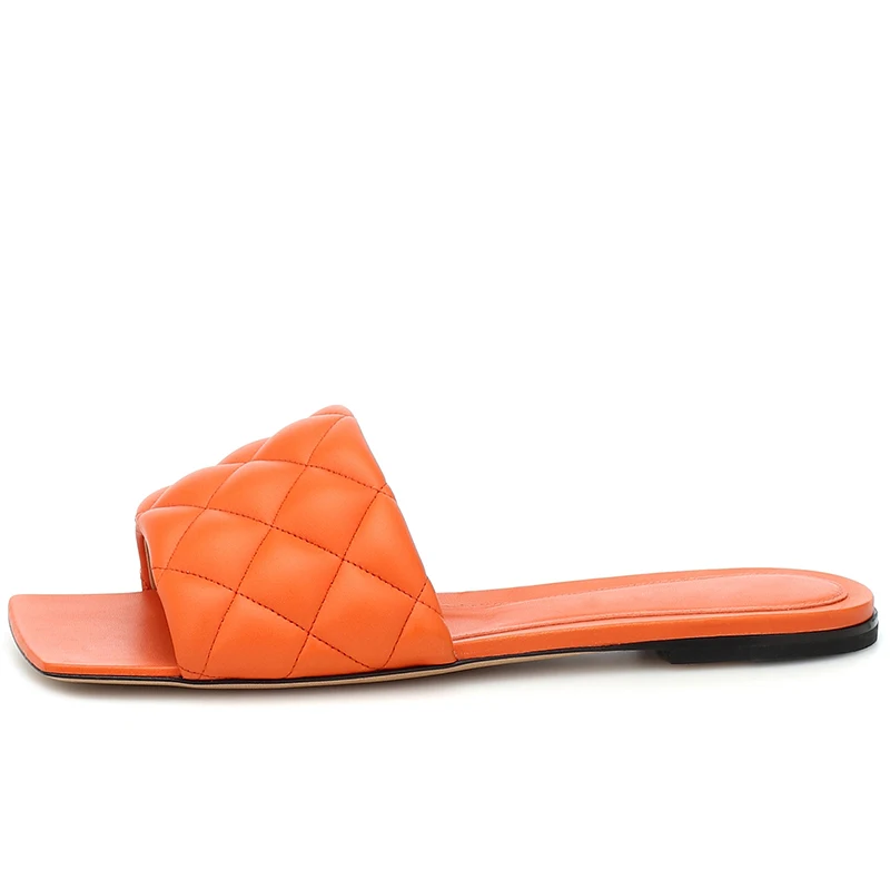 2022 New Orange Flat Sandals for Women Square Toe Mules Black PU Slippers Ladies Large Size Summer Flats Sandal Shoes Slides