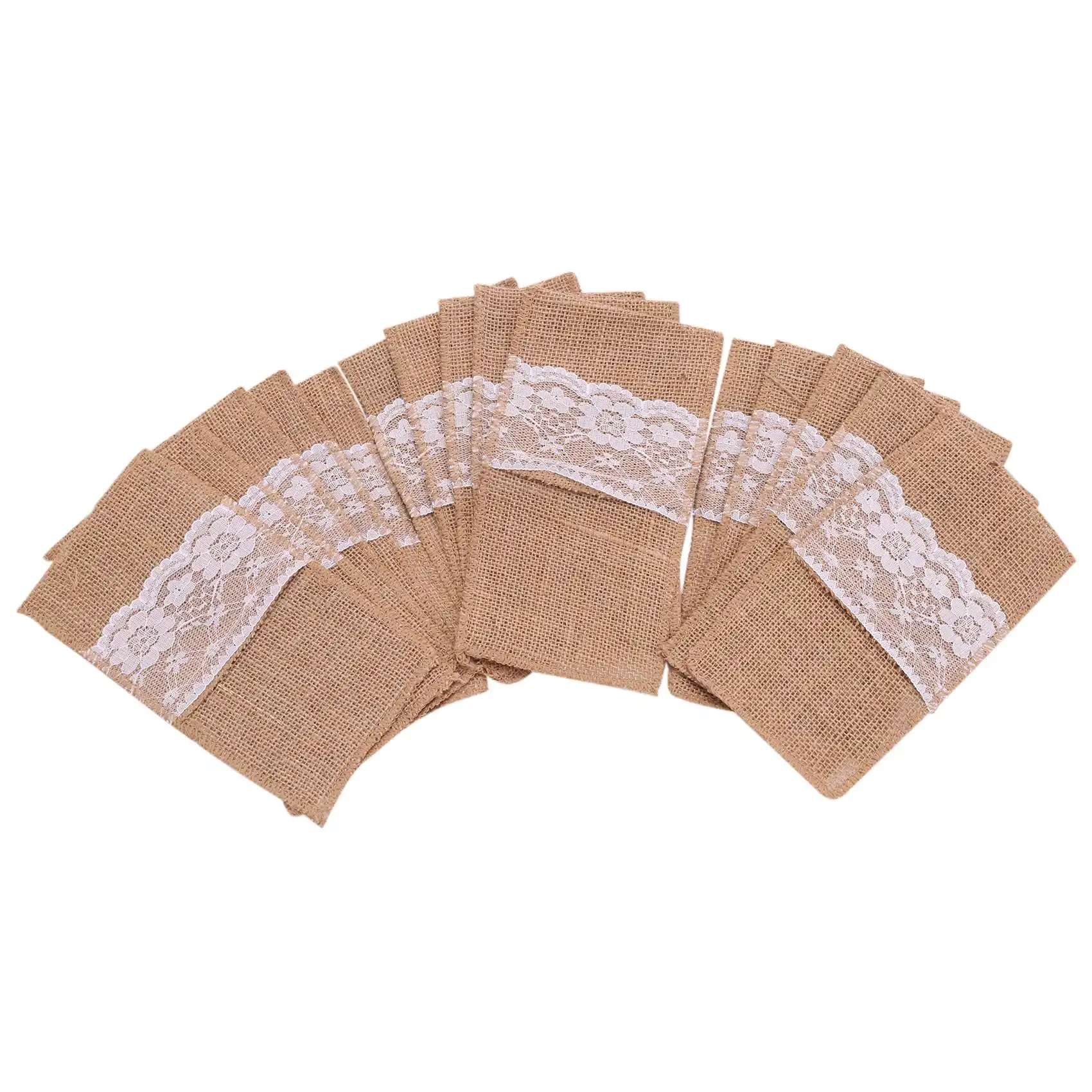 

75Pcs Burlap Lace Cutlery Pouch Rustic Wedding Tableware Knife Fork Holder Bag Hessian Table Decoration Accessories