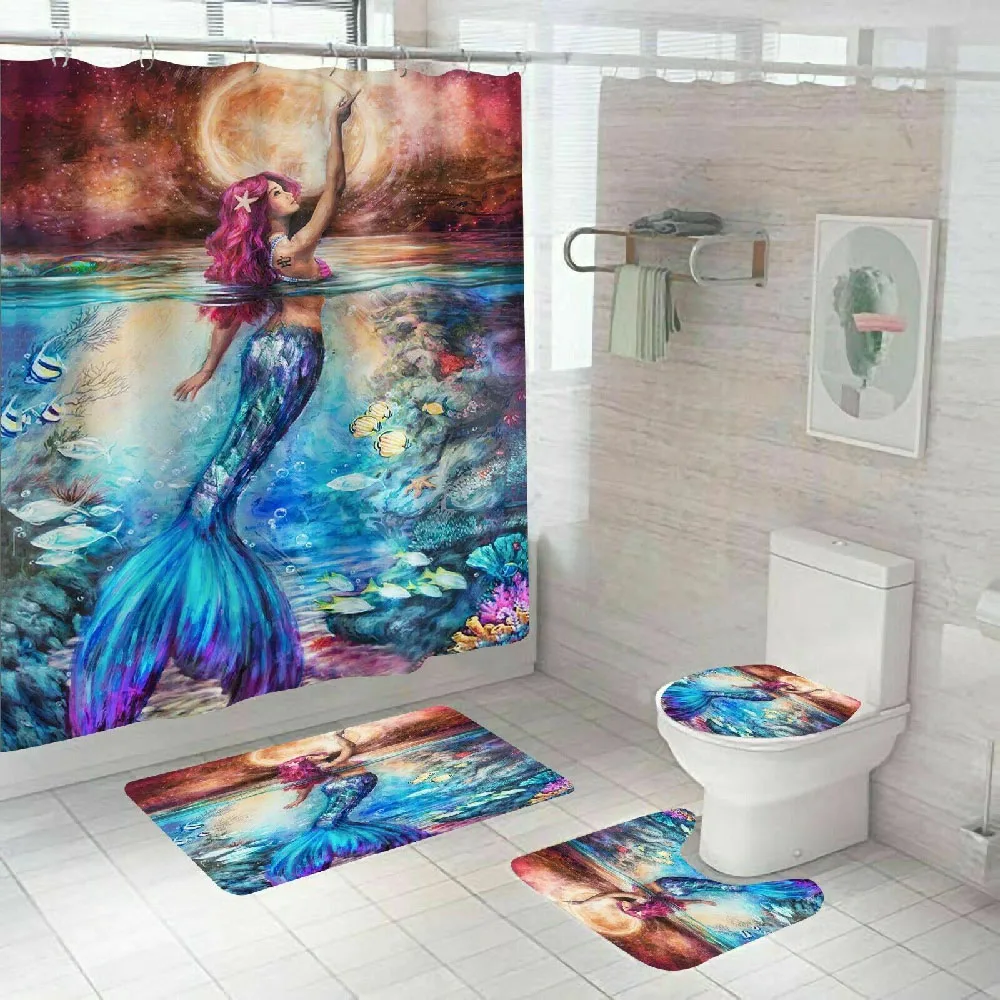 

Starblue-hgs, Coral Underwater World Mermaid Shower Curtain Bathroom Carpet Waterproof Shower Curtain Set Toilet Mat Anti-Slip