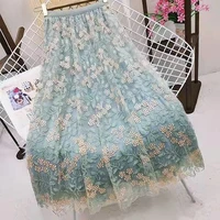 womens elastic high waist tulle skirts summer floral embroidery mesh long skirts korean fashion casual elegant a line skirt