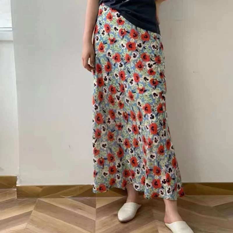 

Rix* Summer Women Chic Elegance Maxi Skirt Vintage Rayon Plant&flowers Printing Casual Romantic Skirts French Brand