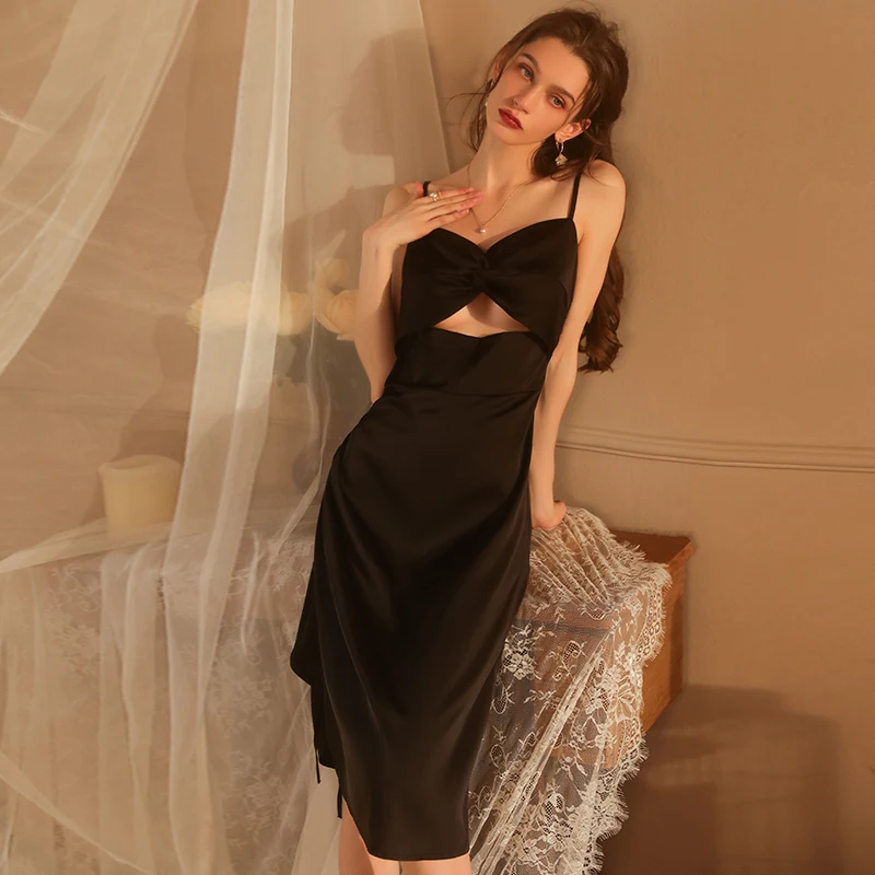 

2022 Summer Women Knee Length Nightdress Sleeveless Black Nightgown Hone Wear
