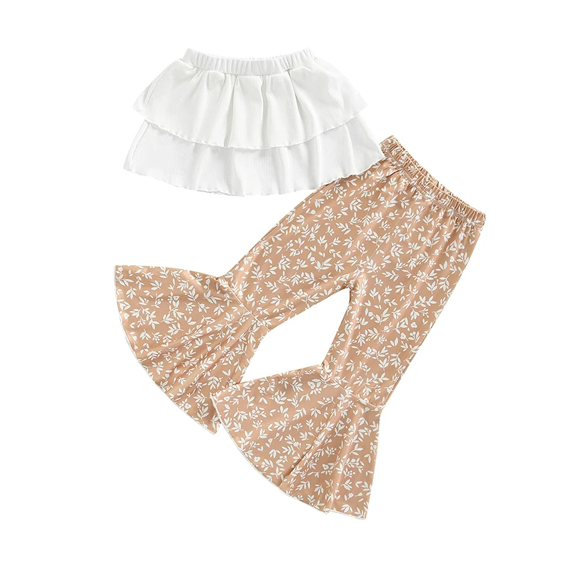 

Комплект для девочек, летняя многослойная кофта с открытыми плечами и оборками + длинные расклешенные брюки с цветочным принтом, 2022