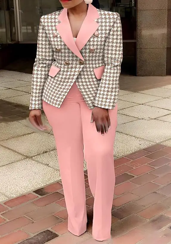 

2 Piece Set Women Outfit 2023 Autumn Elegant Long Sleeve Houndstooth Print Double Breasted Blazer Coat & Fashion Work Pants Set