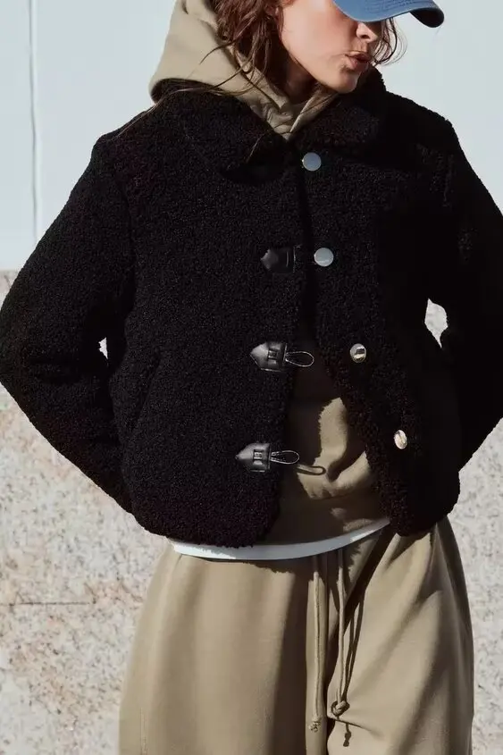 Куртка 2024 осень/зима новинка женское короткое пальто с флисовым воротником и