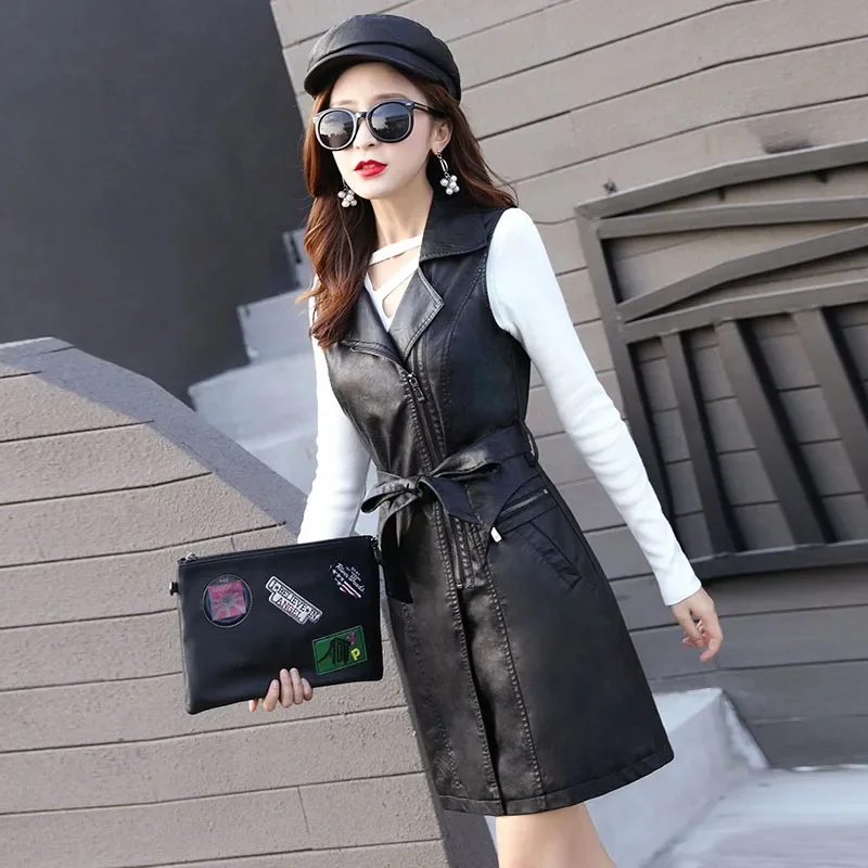 

Жилет женский из искусственной кожи, длинное пальто без рукавов, приталенный хлопковый жилет, ветровка с эффектом потертости, верхняя одежда, большие размеры, Осень-зима