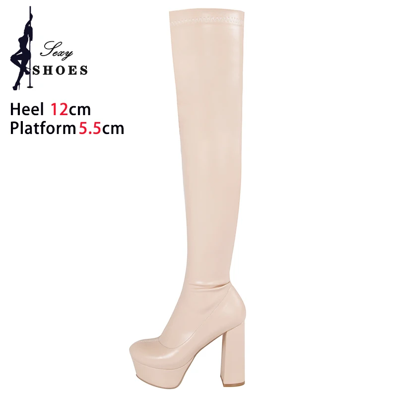 Женские сапоги до бедра на массивном толстом каблуке