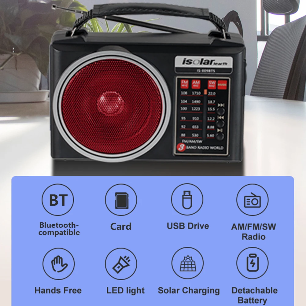 

AM FM SW Solar Emergency Radio Battery Powered Bluetooth-compatible Multifunctional Radio LED Flashlight Multi Band with Speaker