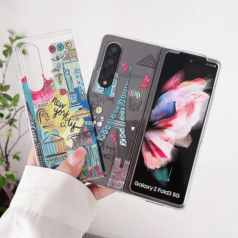Cute Love Heart Romantic Iron Tower Phone Case For Samsung Galaxy Z Fold 3 5G Cartoon Old Castle Clear Hard PC Cover For Z Fold3