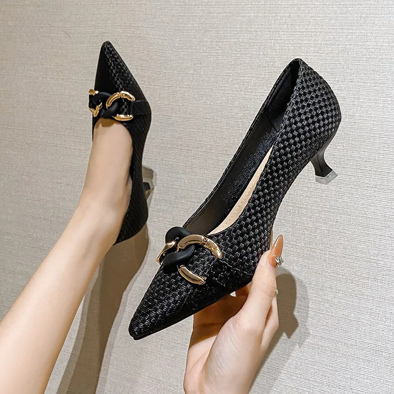 Large Size 34-43 Metal Chain Weave Pumps Woman Mary Janes Knitted Talon Femme Pointed Toe Thin High Heels Shoes for Women 2022
