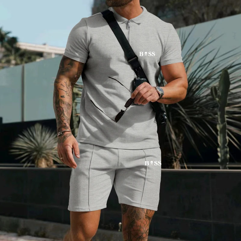 Men's Summer Heavyweight Waffle POLO Shirt Short Sleeve Zipper + Casual Sports Shorts High Quality Two-Piece Set