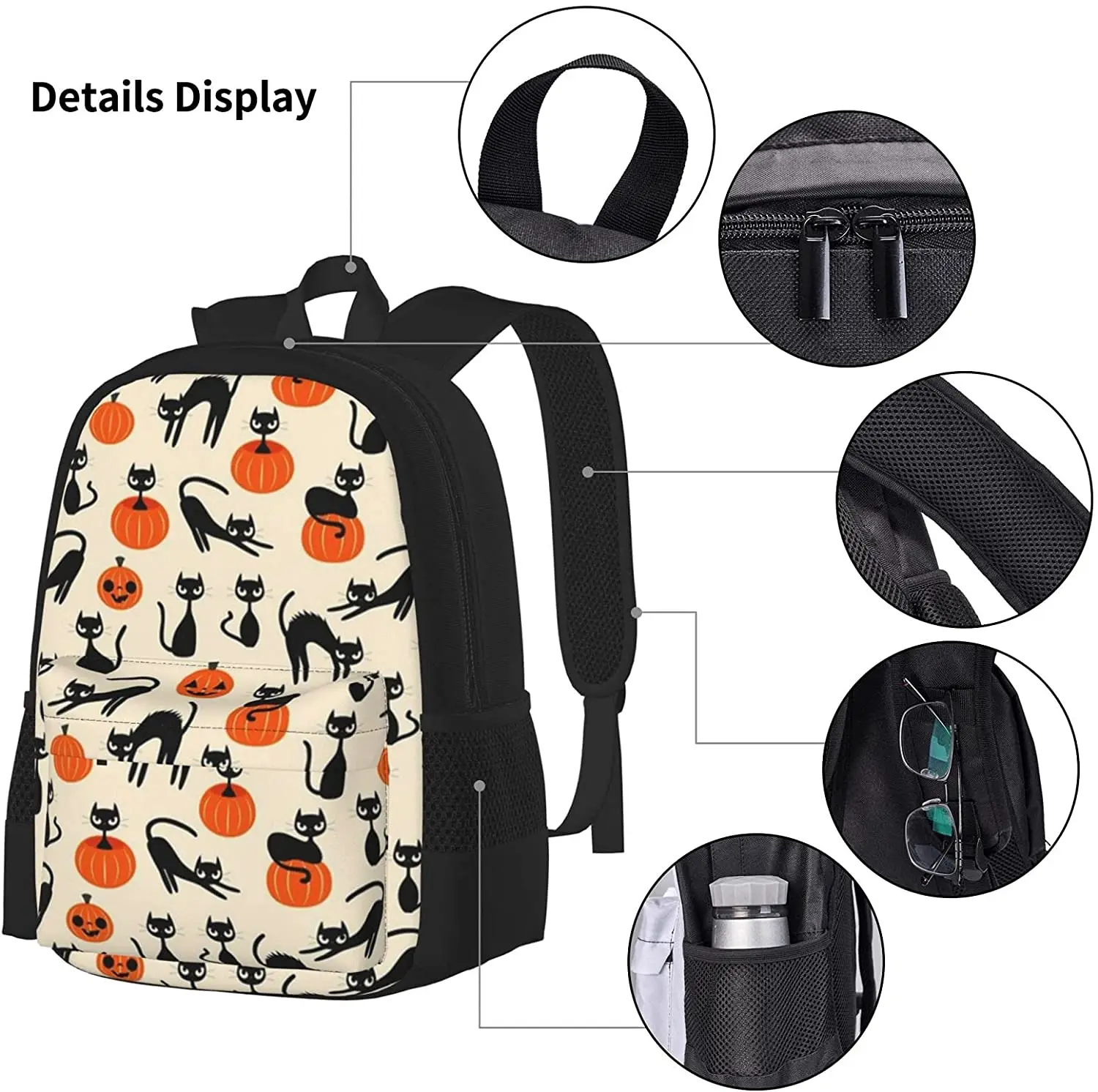 Halloween Black Cats Backpack Set 3-Piece Teen Boys Girls Backpack Messenger Lunch Bag Pencil Case Set