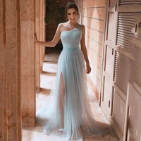 sky blue one shoulder sequined prom dress high split formal evening party gown arabic dubai robe soiree vestido de festa