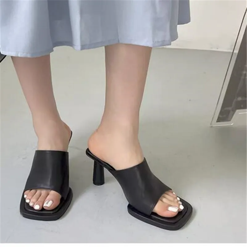 New Blue Slippers Sandals Women Summer 2023 Fashion Square Toe Sexy High Heels Platform Shoes Outdoor Cozy PU Leather Slides