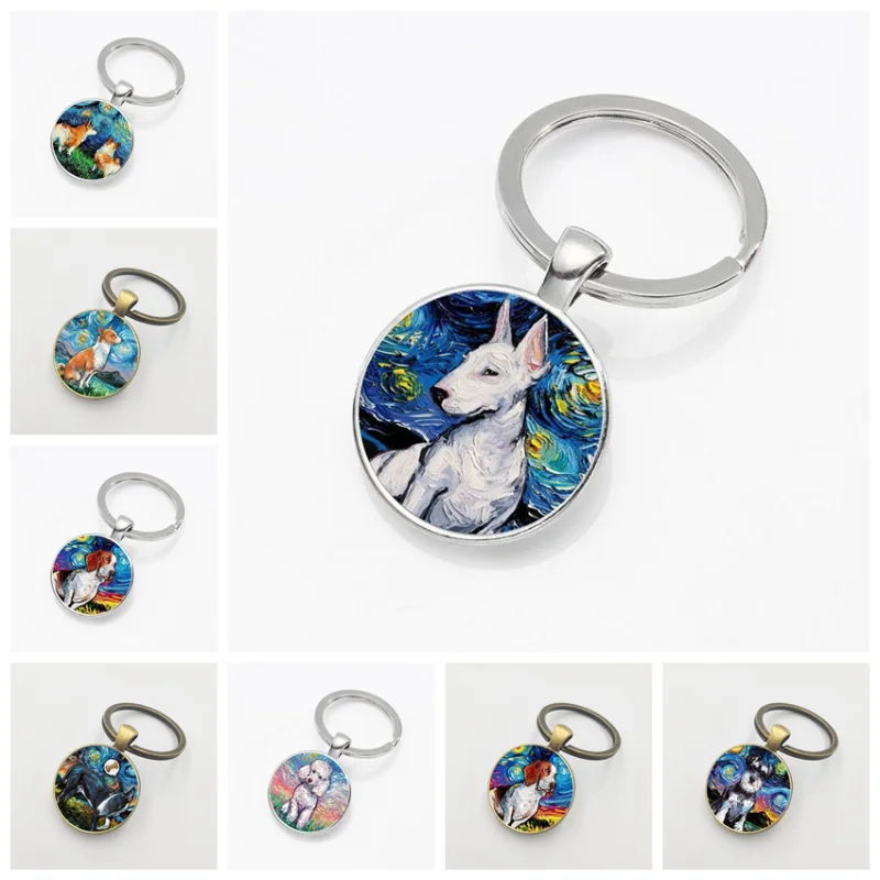 Популярный ключница-подвеска с жемчужным украшением, ретро масляная живопись "Звездная ночь" Ван Гога с питомцем собакой.