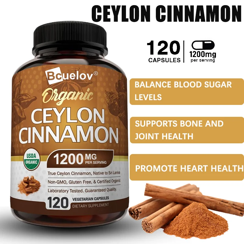 

Organic Ceylon Cinnamon Capsules - Aids Joints, Bones, Heart, Anti-Inflammation, Antioxidant, Blood Sugar Level Health