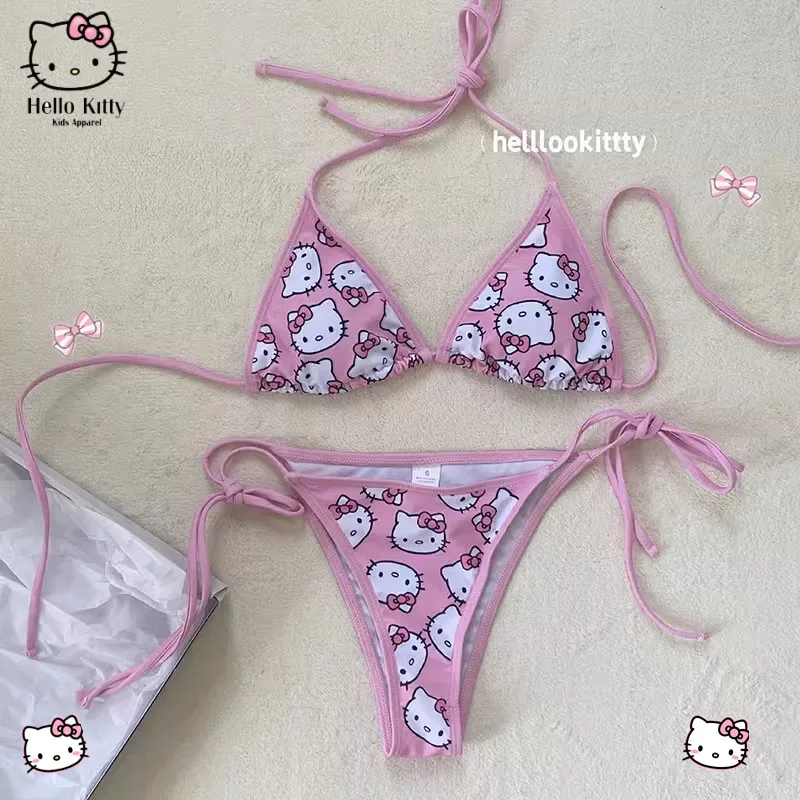 Hello Kitty Pink Bikini Cartoon Student Kawaii Girl Summer Beach Vacation Swimsuit Underwear Pant Cosplay Clothes Birthday Gift