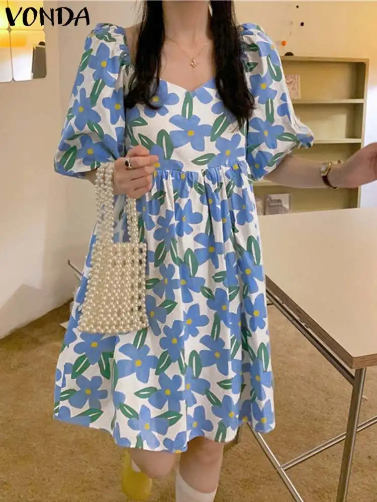 

VONDA Summer Dress For Women Sundress Bohemian Holiday Beach Floral Printed Mini Dress Casual V-Neck Half Sleeve Short Vestido